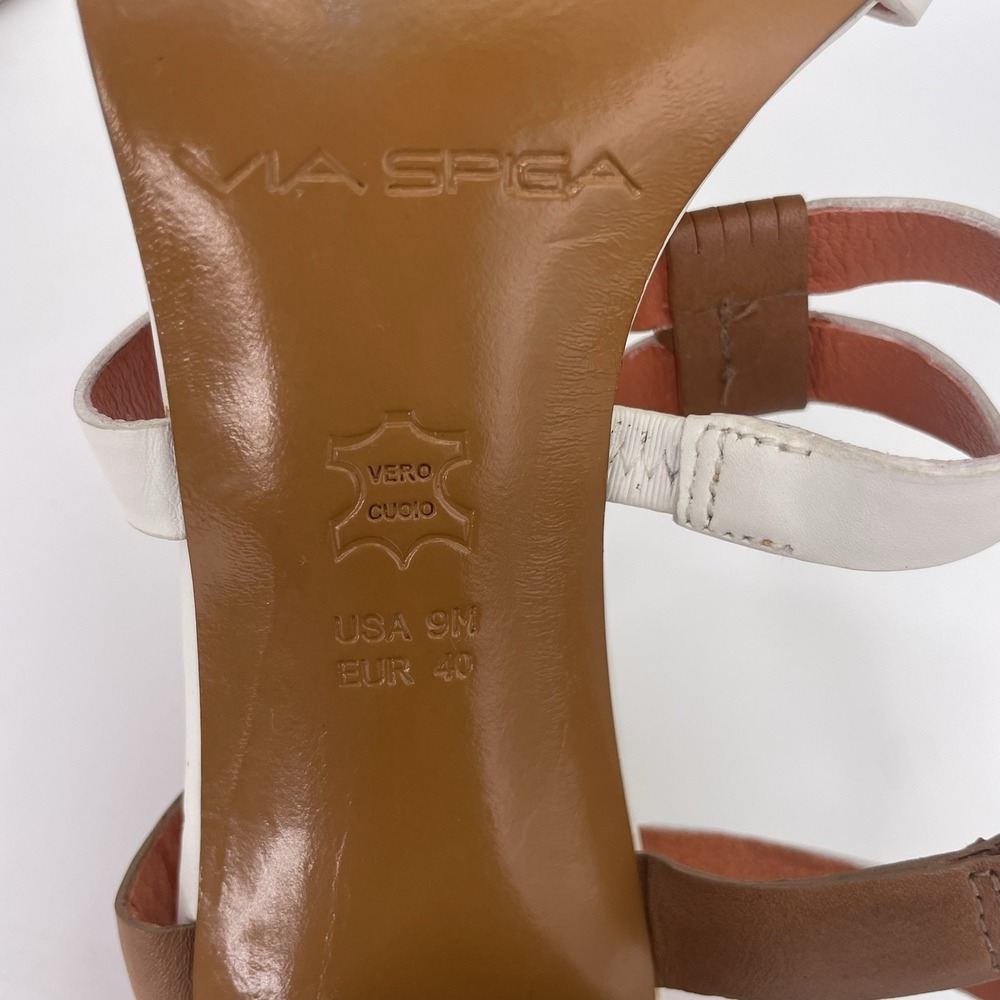 Via Spiga Sz 9 Strappy White & Brown Heels Stiletto Sandals Italian Leather - Picture 9 of 13